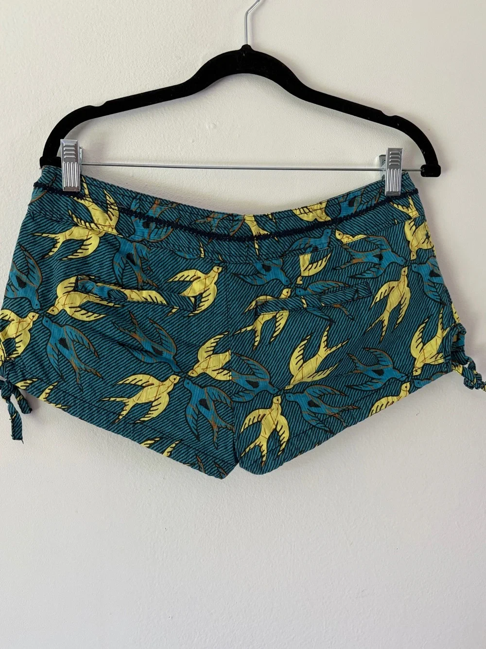 Free People Bird Print Side Tie Blue & Yellow Micro Mini Shorts Size 8